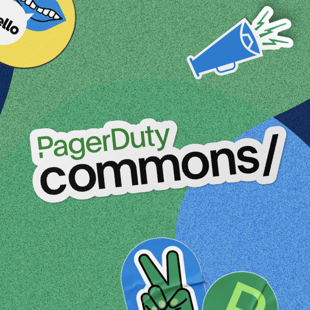 Background is yellow, green and blue with textures. PagerDuty Commons logo in the center